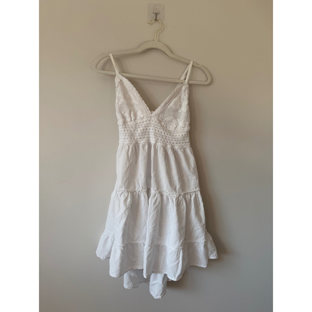 Blanco White Cotton Crochet Tiered Mini Dress Western Cottage Core Large